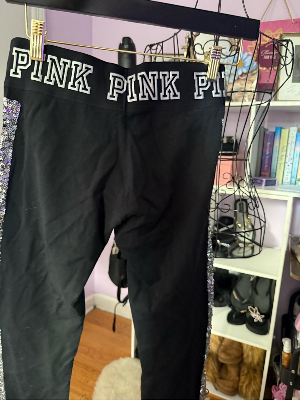 PINK Victoria's Secret Black Leggings with Silver Sequin Side Stripes - Picture 7 of 10